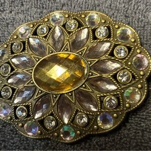 Vintage-Inspired Brass Floral Belt Buckle with Amber Center